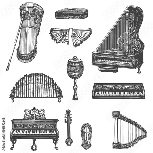 Hand-Drawn Illustration of Various Vintage Musical Instruments