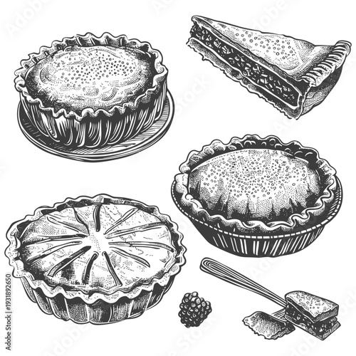 Hand-Drawn Illustration of Various Pies and a Blackberry