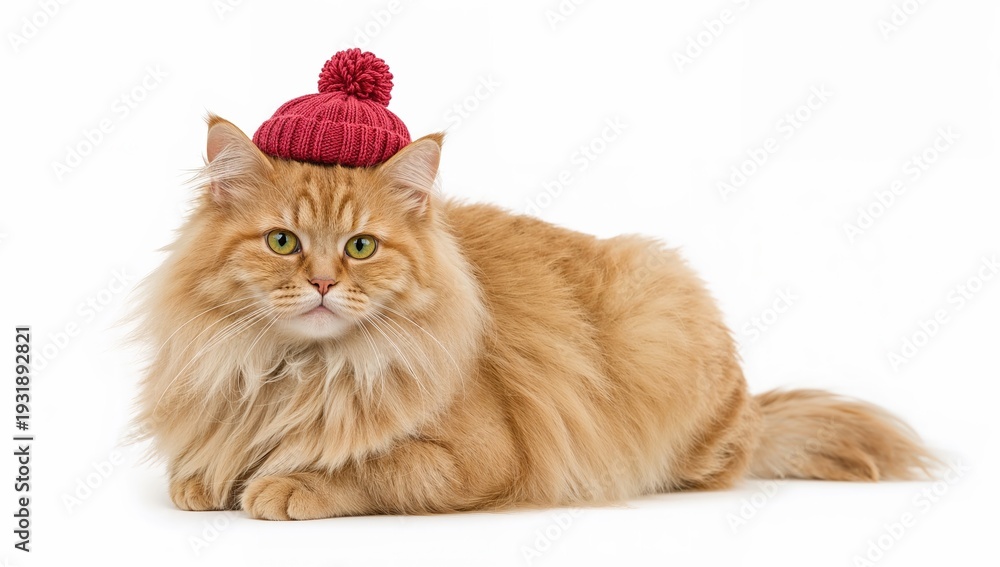 Obraz premium Fluffy orange tabby cat wearing a red knitted hat sitting on white background, cute pet fashion, cozy feline portrait