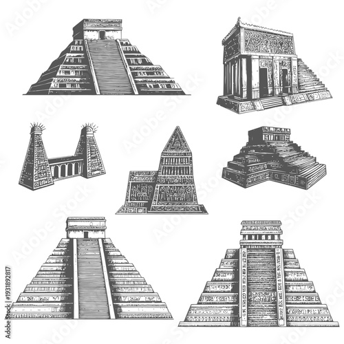 Hand-Drawn Illustrations of Ancient Mayan Temples and Pyramids