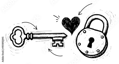 Tableau sur toile Vintage Skeleton Key and Padlock with Heart Black-and-White Sketch Illustration