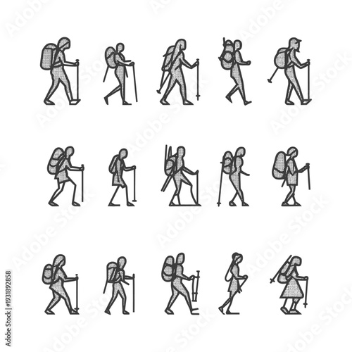 Hand-drawn illustrations of hikers with backpacks and trekking poles