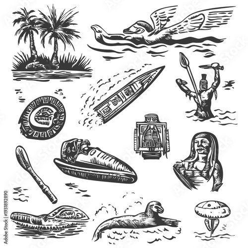 Hand-Drawn Illustrations of Ocean Life and Tropical Elements