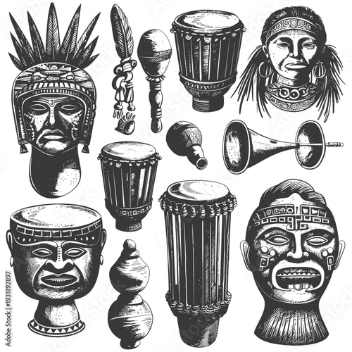 Hand-Drawn Illustrations of Indigenous Musical Instruments and Faces