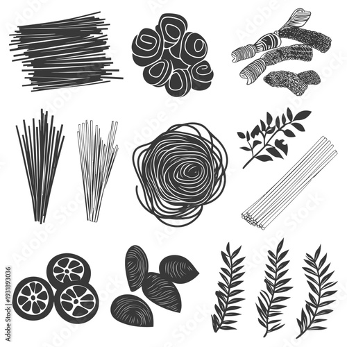 Hand-Drawn Illustrations of Pasta Shapes, Citrus Fruit, and Herbs