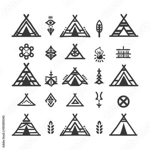 Hand-Drawn Illustrations of Teepees and Native American Symbols