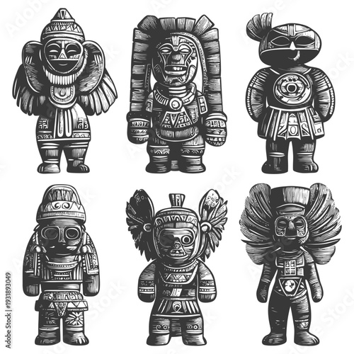 Hand-Drawn Illustrations of Six Intricate Ancient Aztec Statues