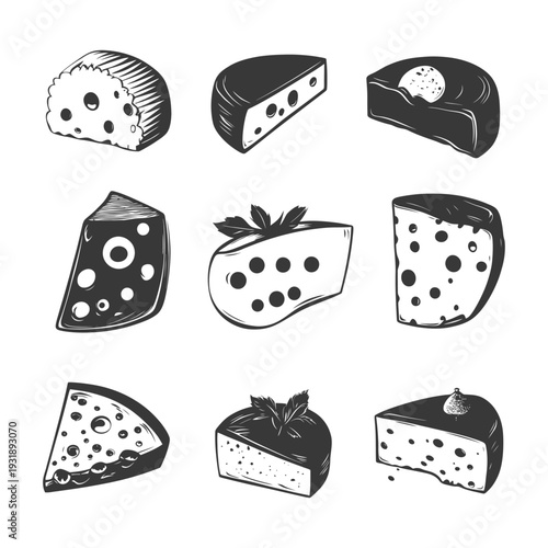 Hand-Drawn Illustrations of Various Cheese Varieties