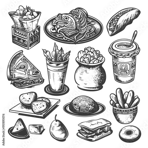 Hand-Drawn Illustrations of Various Foods in Black and White