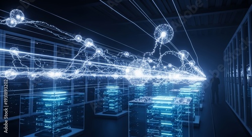 Abstract digital network connections flowing through a futuristic data center filled with servers and glowing light particles