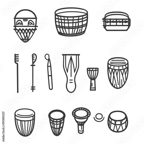 Hand-Drawn Line Art Illustrations of Various Percussion Instruments