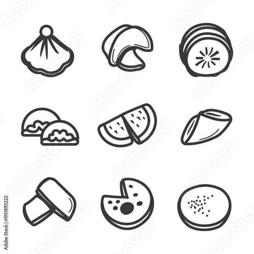 Hand-Drawn Line Art Illustrations of Various Foods