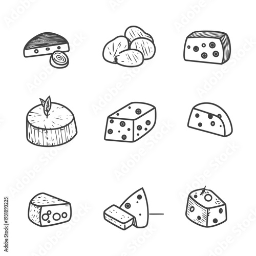 Hand-drawn line art illustrations of various types of cheese