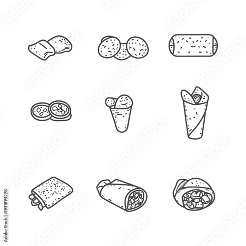 Hand-drawn line art illustrations of various burrito and taco styles