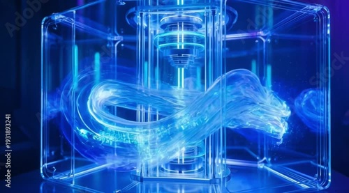 Holographic water flowing inside a transparent AI engine, a combination of liquid and digital elements, neon light, high detail, cyberpunk atmosphere