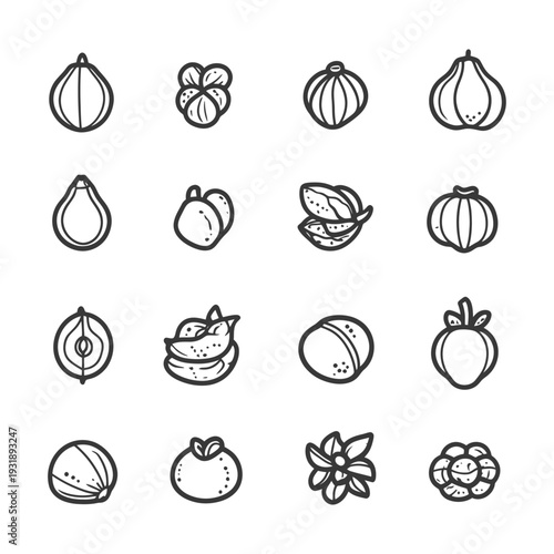 Hand-drawn line art illustrations of various fruits and vegetables