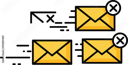 Three yellow envelopes with red crosses flying with motion lines