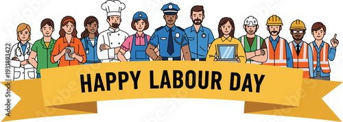 Labour day celebration with diverse workers and banner diverse professionals