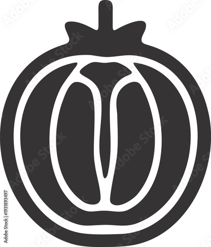 Graphic black and white icon of a halved pomegranate, showcasing seeds and segments