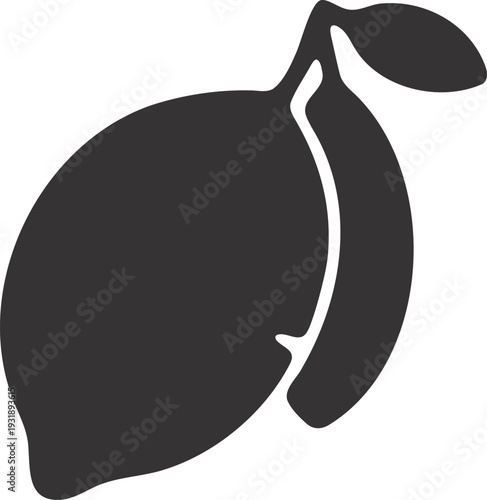 Simple black silhouette of a ripe lemon with two green leaves and a stem