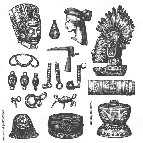 Hand-Drawn Sketch of Ancient Mayan Artifacts