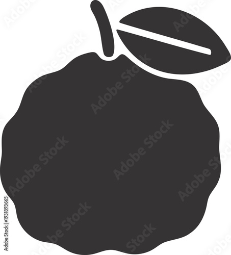 Black silhouette icon of a bumpy guava fruit with a stem and a single leaf