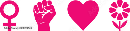 Pink symbols of feminism and love female symbol raised fist heart flower