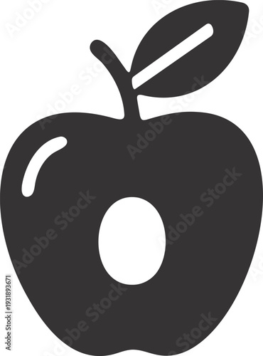 Simple black icon of an apple with a bite mark and a stem with a leaf