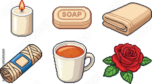 Pixel candle soap towel band aid cup of tea rose