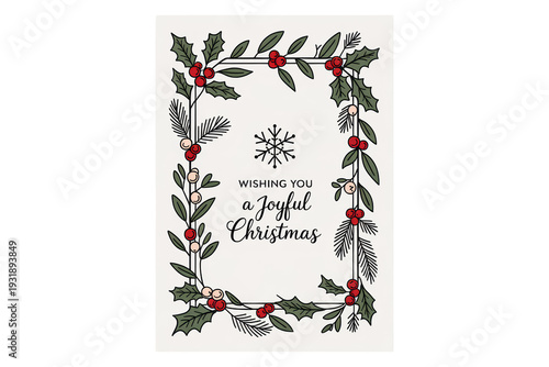 Joyful Christmas greeting card with holly and snowflake design