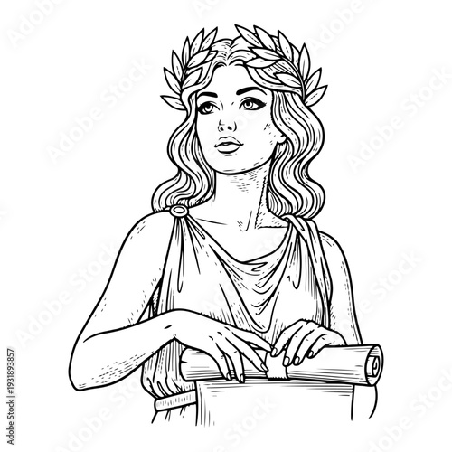 Classical line art of ancient Greek muse with laurel wreath holding scroll