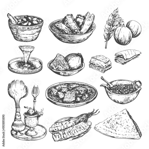 Hand Drawn Sketch of Various Foods and Dishes