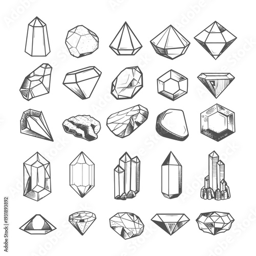 Hand-Drawn Sketch of Various Crystal and Diamond Shapes