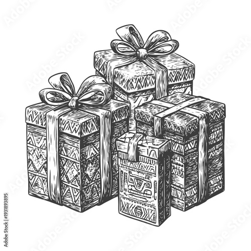 Hand-Drawn Sketch of Four Wrapped Gift Boxes with Bows