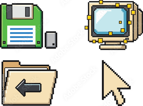 Pixel computer including floppy disk computer monitor folder and mouse cursor pixel computer floppy disk