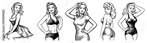 Retro pin-up girl pose collection vintage line art illustration