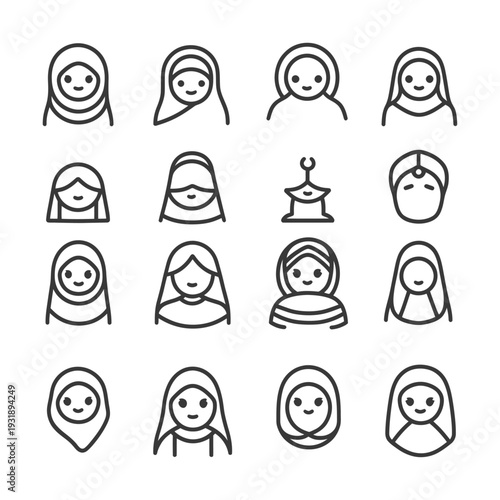 Line Art Illustrations of Women Wearing Headscarves and Headwear
