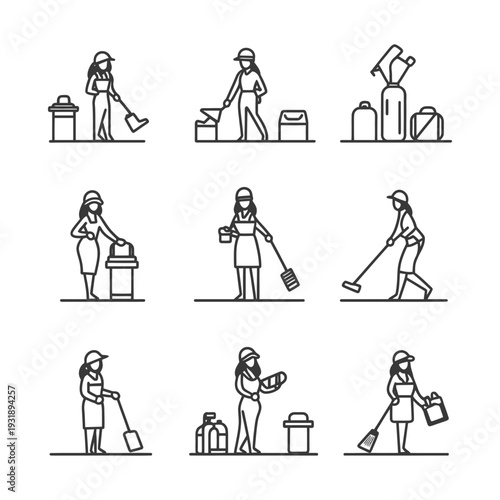 Line Art Illustrations of Women Performing Cleaning Tasks
