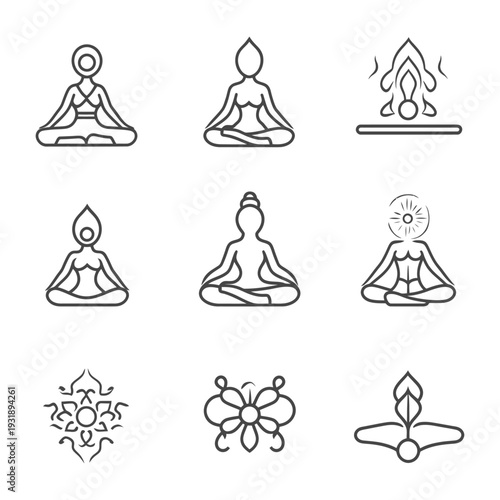 Line Art Illustrations of Yoga Poses and Spiritual Symbols