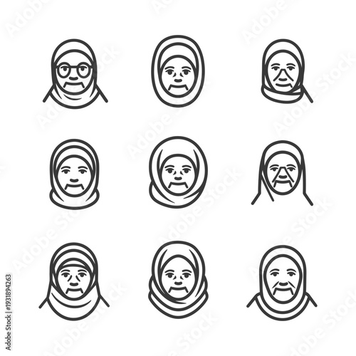 Line Art Portraits of Elderly Women Wearing Headscarves