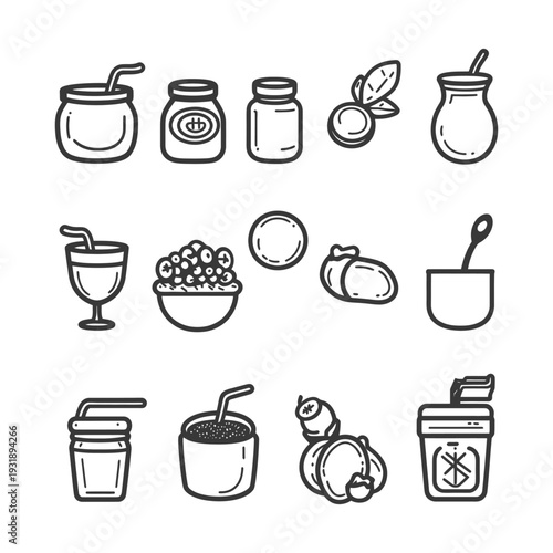 Line Art Illustrations of Yerba Mate Drinks and Ingredients