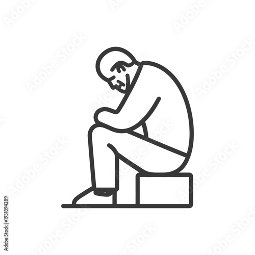 Line drawing of a person sitting with head down in despair