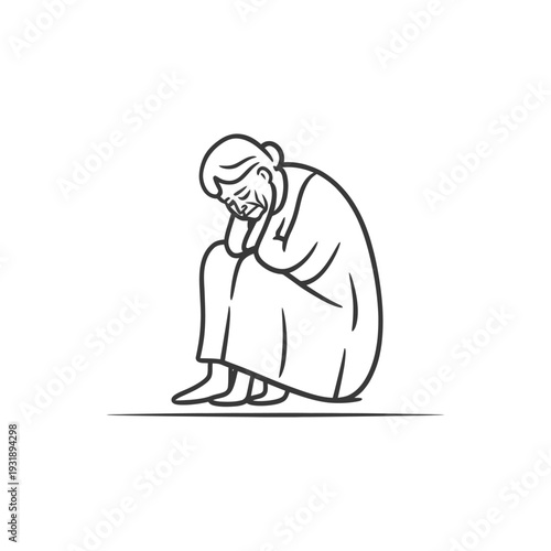 Line Drawing of a Senior Woman Sitting in Sorrow