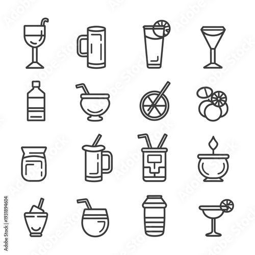 Line Icon Set of Various Beverages and Drinks