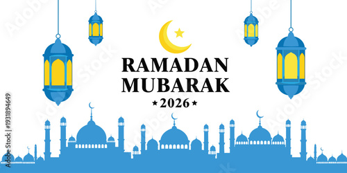 Ramadan Mubarak 2026 with mosque silhouette and lanterns crescent moon