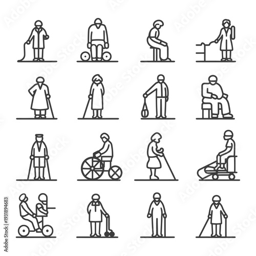 Line Icons of Elderly People Using Mobility Aids
