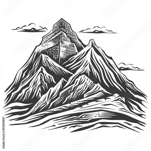 Mountainous Landscape with a Stone Structure at the Peak