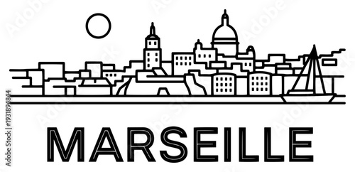 Minimalist line art skyline of Marseille with historic port landmarks illustration