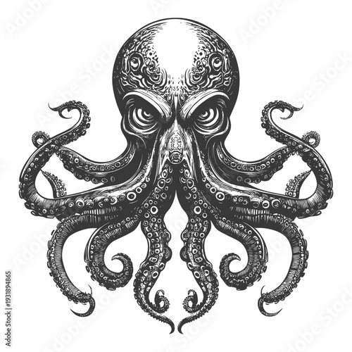 Monochrome Illustration of a Detailed Octopus with Tentacles