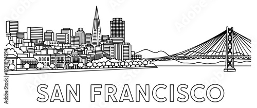 Minimalist line art skyline of San Francisco with Bay Bridge and downtown towers illustration